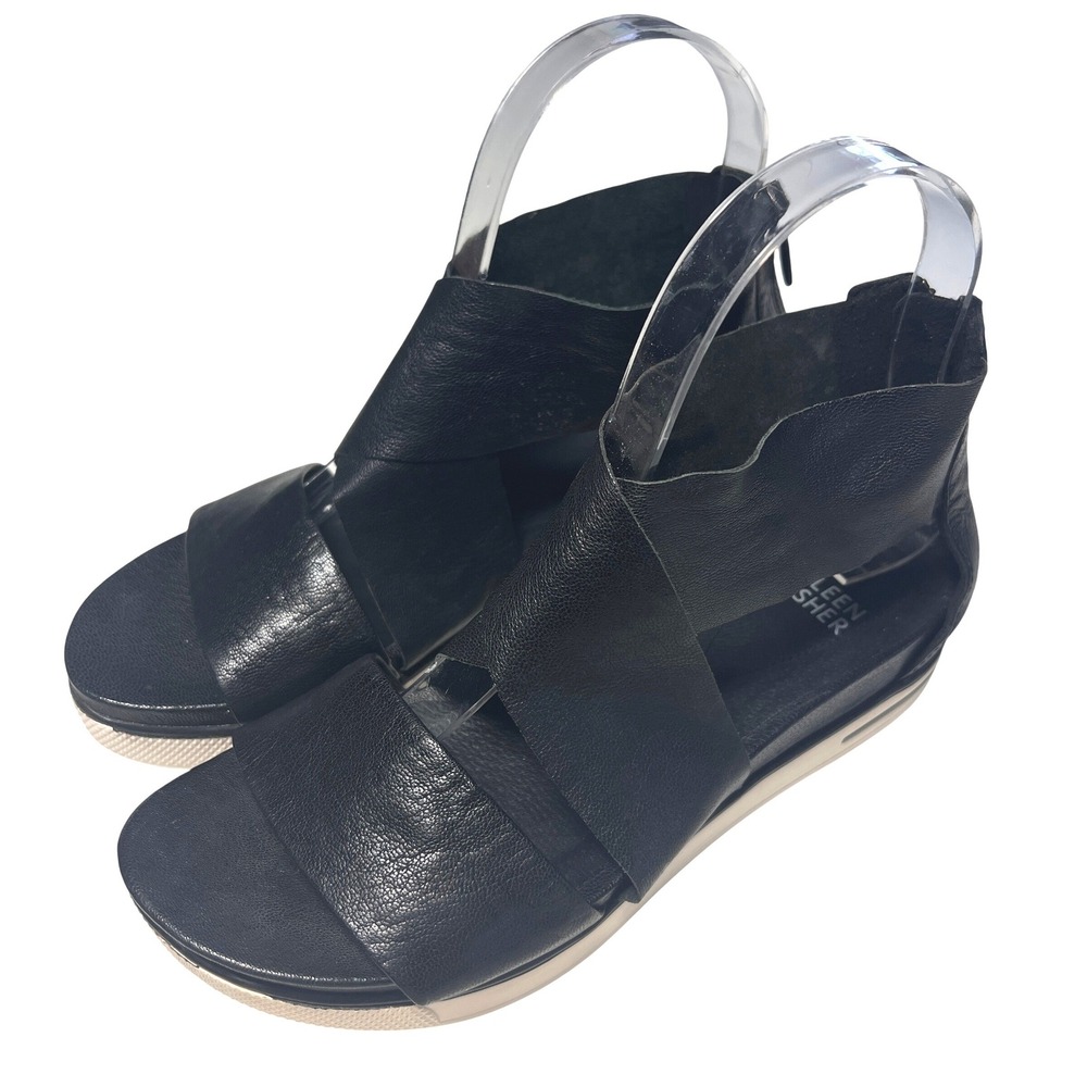 Eileen Fisher Sandals Women 6 Black Leather Platform Wedge Zip Back Gladiator
